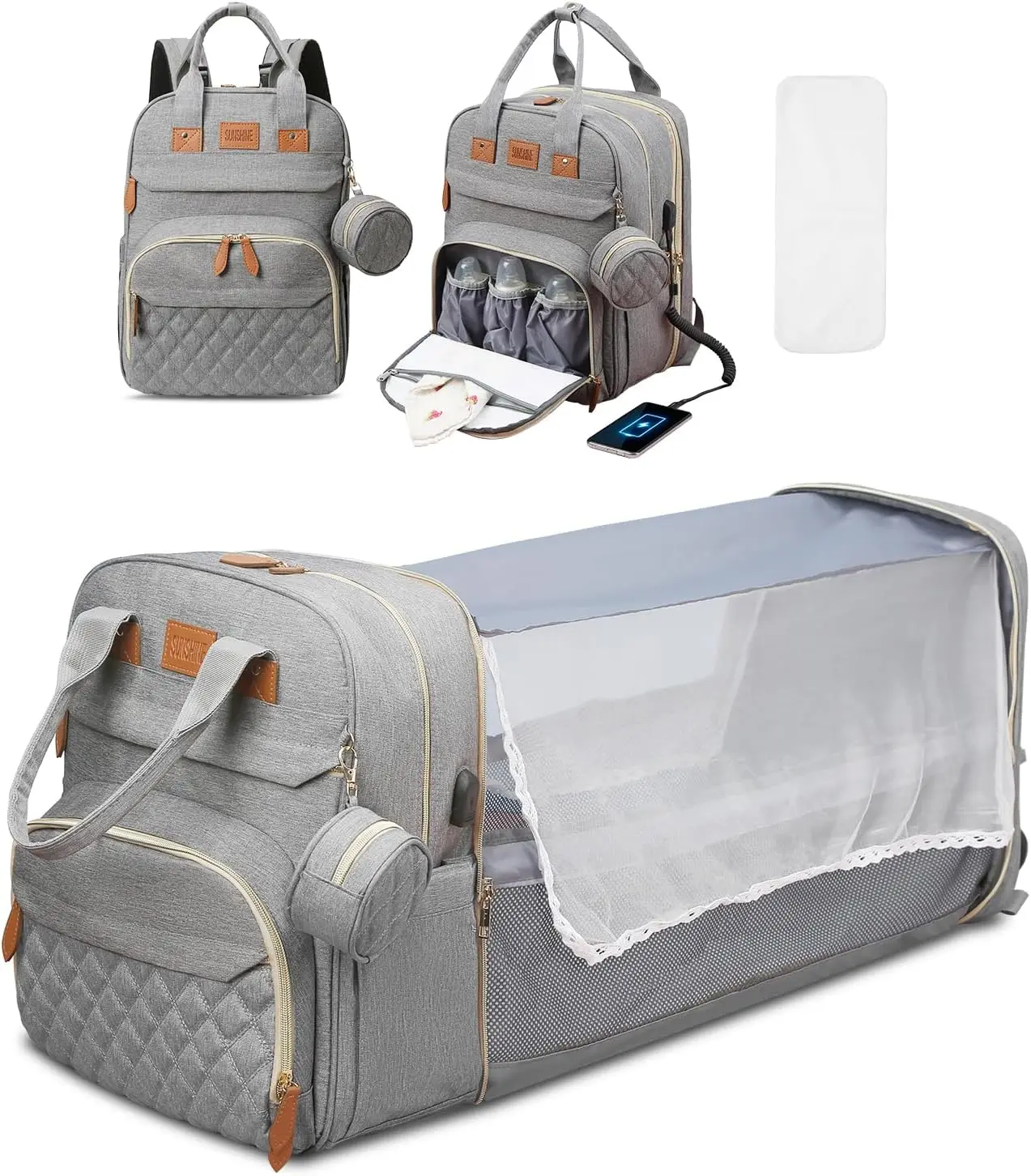 3 In 1 Diaper Bag Backpack Foldable Baby Bed Waterproof Travel Bag with USB Charge - Image 5