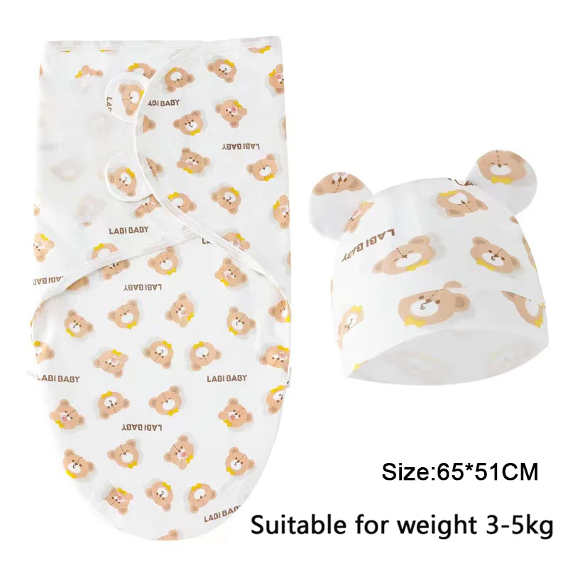 Baby Blanket Hat Set Cartoon Printed Cotton Newborn Swaddle Wraps - Image 12