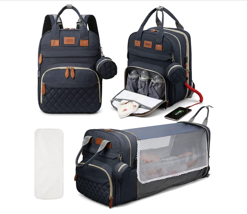 3 In 1 Diaper Bag Backpack Foldable Baby Bed Waterproof Travel Bag with USB Charge - Image 4