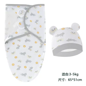 Baby Blanket Hat Set Cartoon Printed Cotton Newborn Swaddle Wraps - Thumbnail Image 22