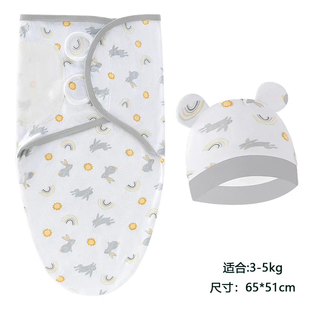 Baby Blanket Hat Set Cartoon Printed Cotton Newborn Swaddle Wraps - Image 22