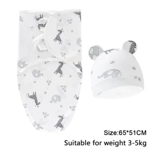Baby Blanket Hat Set Cartoon Printed Cotton Newborn Swaddle Wraps - Thumbnail Image 2