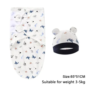 Baby Blanket Hat Set Cartoon Printed Cotton Newborn Swaddle Wraps - Thumbnail Image 15
