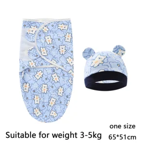 Baby Blanket Hat Set Cartoon Printed Cotton Newborn Swaddle Wraps - Thumbnail Image 4