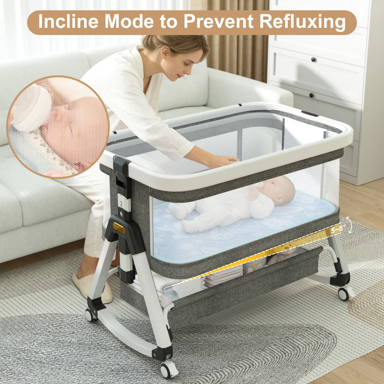 3 in 1 Bedside Sleeper with Storage Basket and Wheels - Image 5