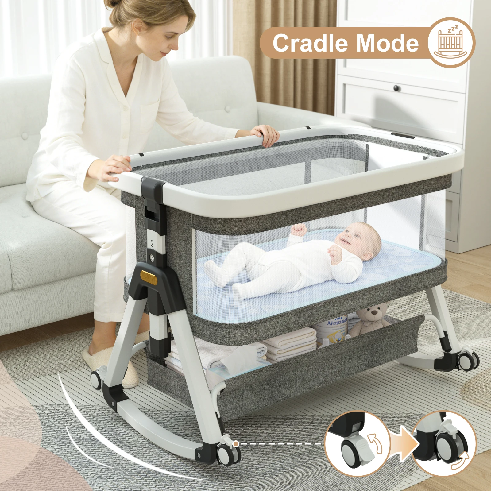 3 in 1 Bedside Sleeper with Storage Basket and Wheels - Image 6