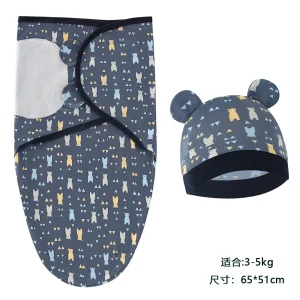 Baby Blanket Hat Set Cartoon Printed Cotton Newborn Swaddle Wraps - Thumbnail Image 17