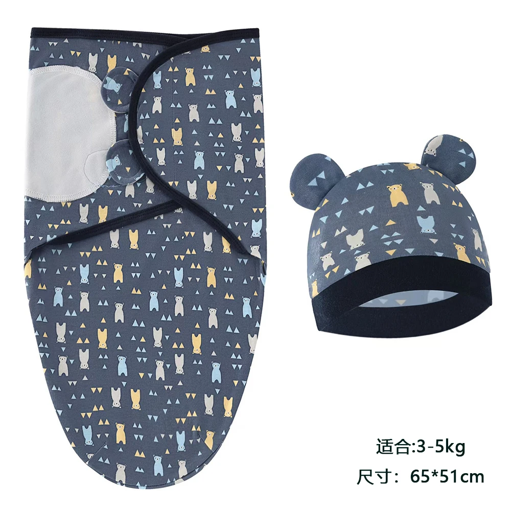 Baby Blanket Hat Set Cartoon Printed Cotton Newborn Swaddle Wraps - Image 17