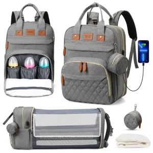 3 In 1 Diaper Bag Backpack Foldable Baby Bed Waterproof Travel Bag with USB Charge