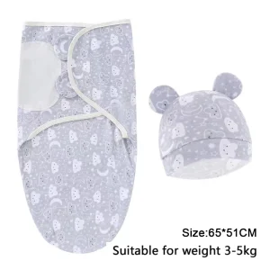 Baby Blanket Hat Set Cartoon Printed Cotton Newborn Swaddle Wraps - Thumbnail Image 6