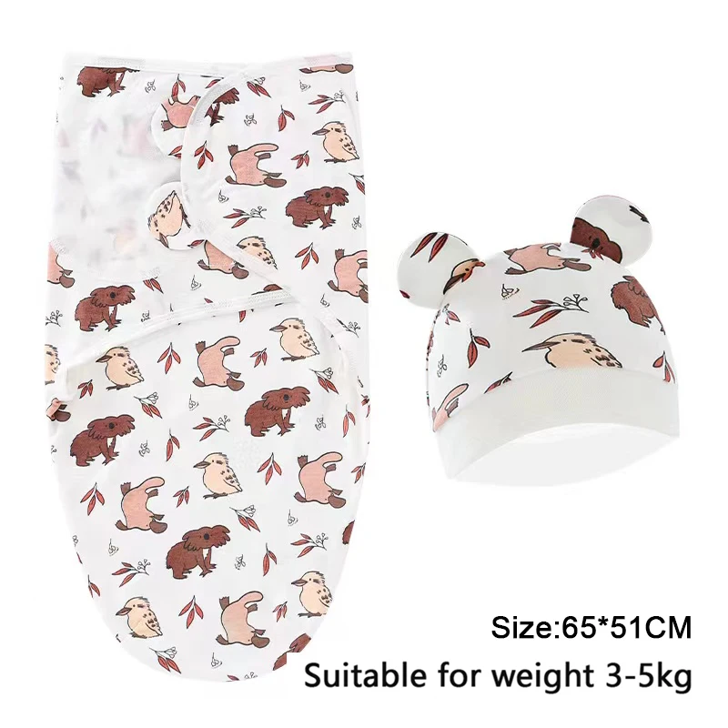 Baby Blanket Hat Set Cartoon Printed Cotton Newborn Swaddle Wraps - Image 8