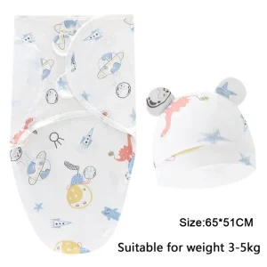 Baby Blanket Hat Set Cartoon Printed Cotton Newborn Swaddle Wraps - Thumbnail Image 10