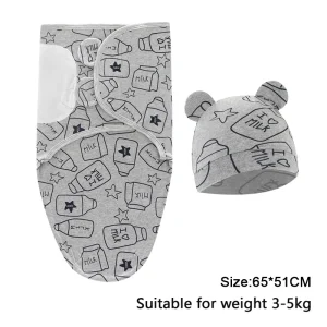 Baby Blanket Hat Set Cartoon Printed Cotton Newborn Swaddle Wraps - Thumbnail Image 3