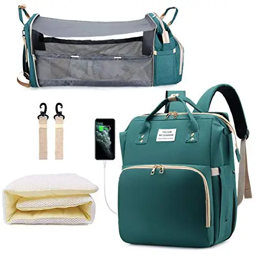 3 In 1 Diaper Bag Backpack Foldable Baby Bed Waterproof Travel Bag with USB Charge - Image 8