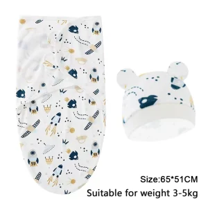 Baby Blanket Hat Set Cartoon Printed Cotton Newborn Swaddle Wraps - Thumbnail Image 7