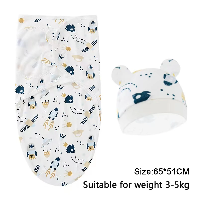 Baby Blanket Hat Set Cartoon Printed Cotton Newborn Swaddle Wraps - Image 7