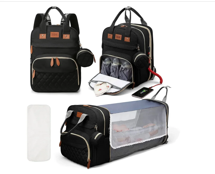 3 In 1 Diaper Bag Backpack Foldable Baby Bed Waterproof Travel Bag with USB Charge - Image 6