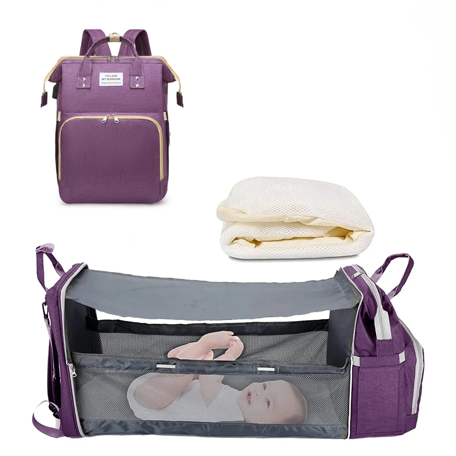 3 In 1 Diaper Bag Backpack Foldable Baby Bed Waterproof Travel Bag with USB Charge - Image 10