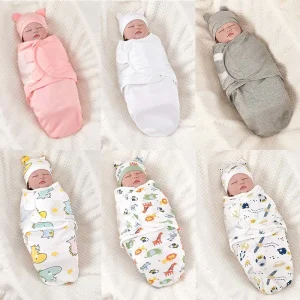 Baby Blanket Hat Set Cartoon Printed Cotton Newborn Swaddle Wraps