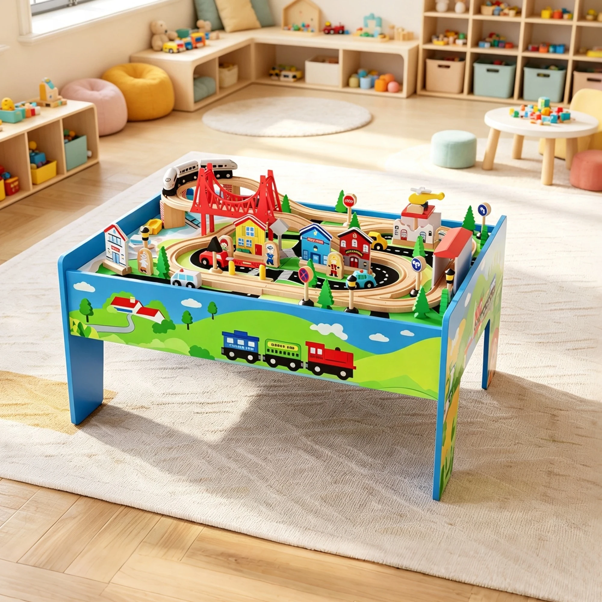 78PCS 4-in-1 Wooden Train Table, Reversible Activity Desk,  & Storage Bin - Image 7