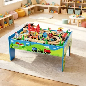 78PCS 4-in-1 Wooden Train Table, Reversible Activity Desk,  & Storage Bin