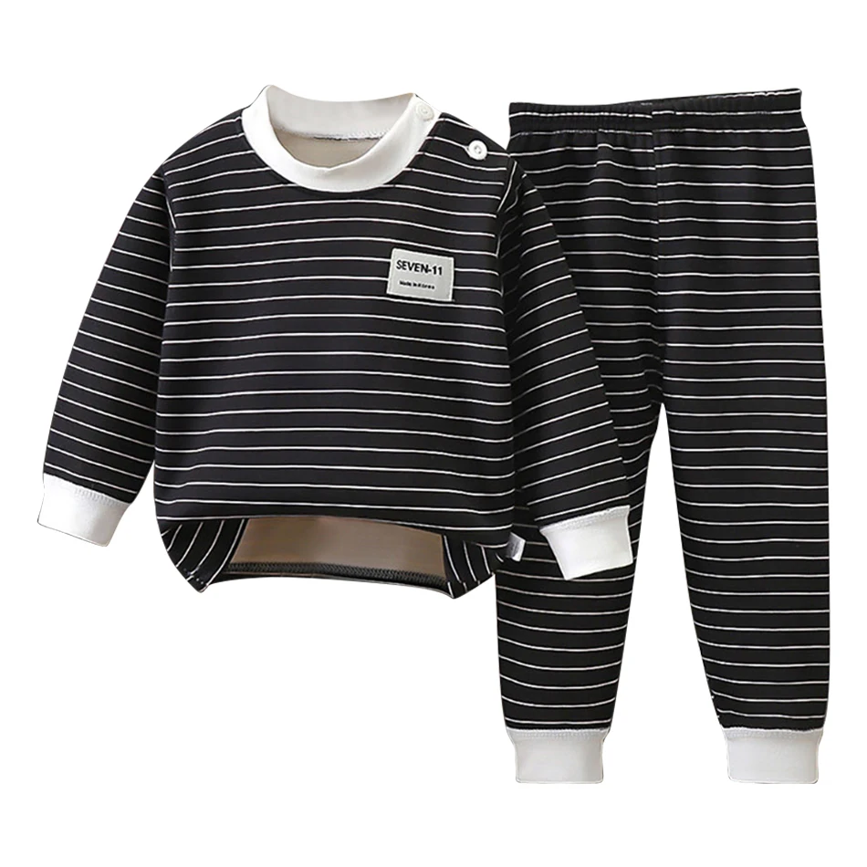 Warm Fleece Lined  Boys/ Girls Striped Set Pajamas - Image 7