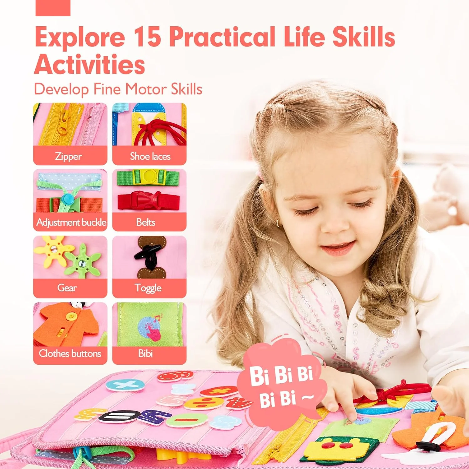 Pink Unicorn Felt Activity Quiet Book, Toddler Basic Life Skill Busy Board, Educational - Image 4