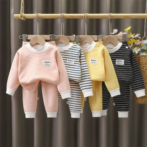 Warm Fleece Lined  Boys/ Girls Striped Set Pajamas - Thumbnail Image 2