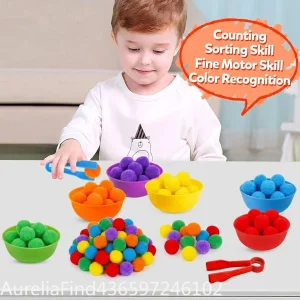 30-68PCS Kids Sorting Counting Toys Rainbow Classification Bowls & Tweezers - Thumbnail Image 2