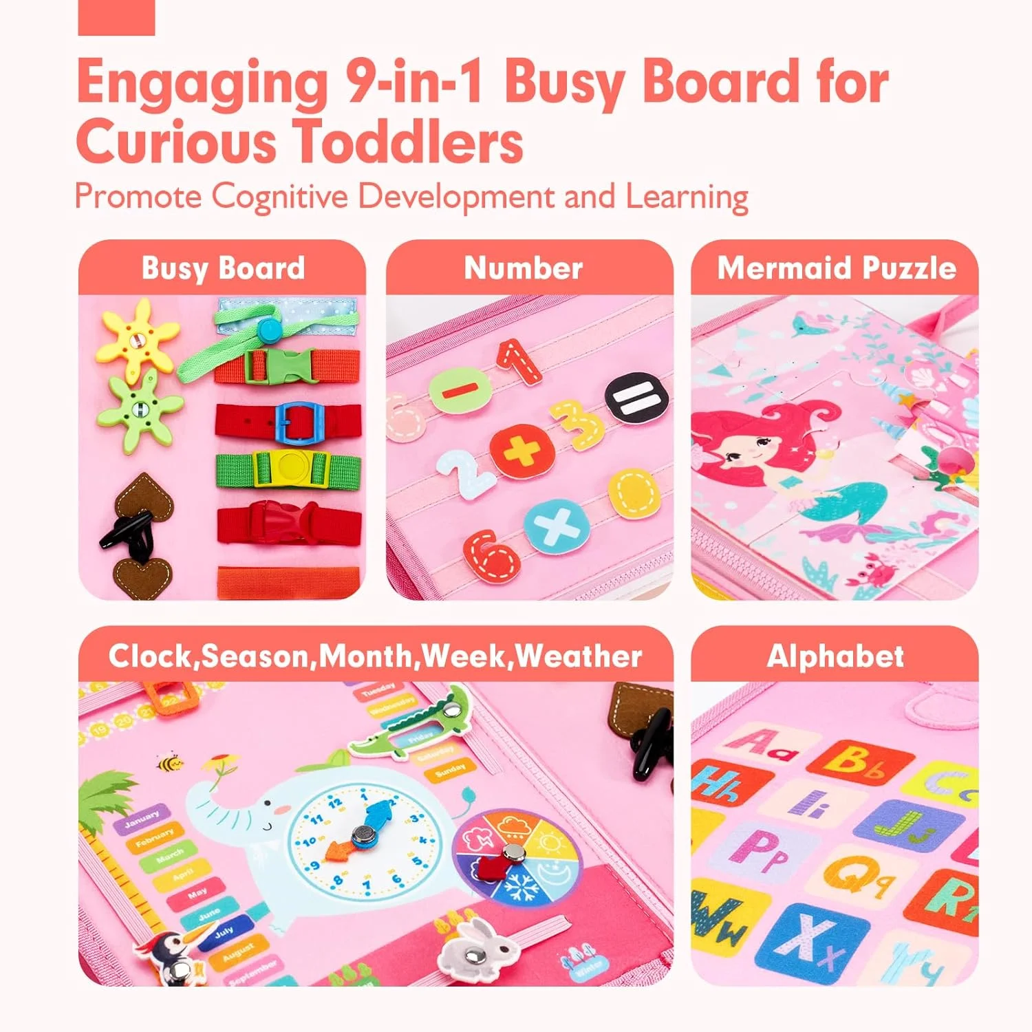 Pink Unicorn Felt Activity Quiet Book, Toddler Basic Life Skill Busy Board, Educational - Image 3