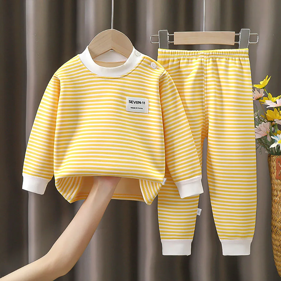 Warm Fleece Lined  Boys/ Girls Striped Set Pajamas - Image 1