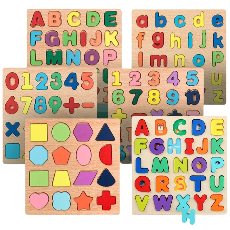 Kids Alphabetic, Arithmetic, Numbers,, Geometric Shapes, Wooden Puzzles for Preschoolers - Image 1