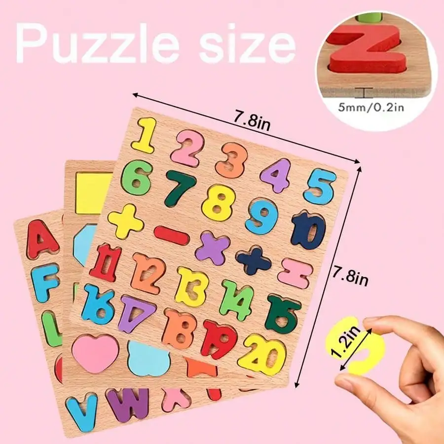 Kids Alphabetic, Arithmetic, Numbers,, Geometric Shapes, Wooden Puzzles for Preschoolers - Image 3