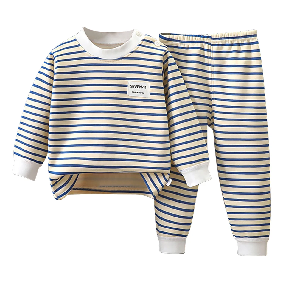 Warm Fleece Lined  Boys/ Girls Striped Set Pajamas - Image 8