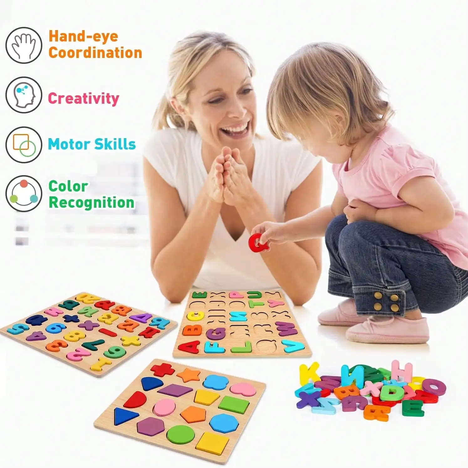 Kids Alphabetic, Arithmetic, Numbers,, Geometric Shapes, Wooden Puzzles for Preschoolers - Image 4