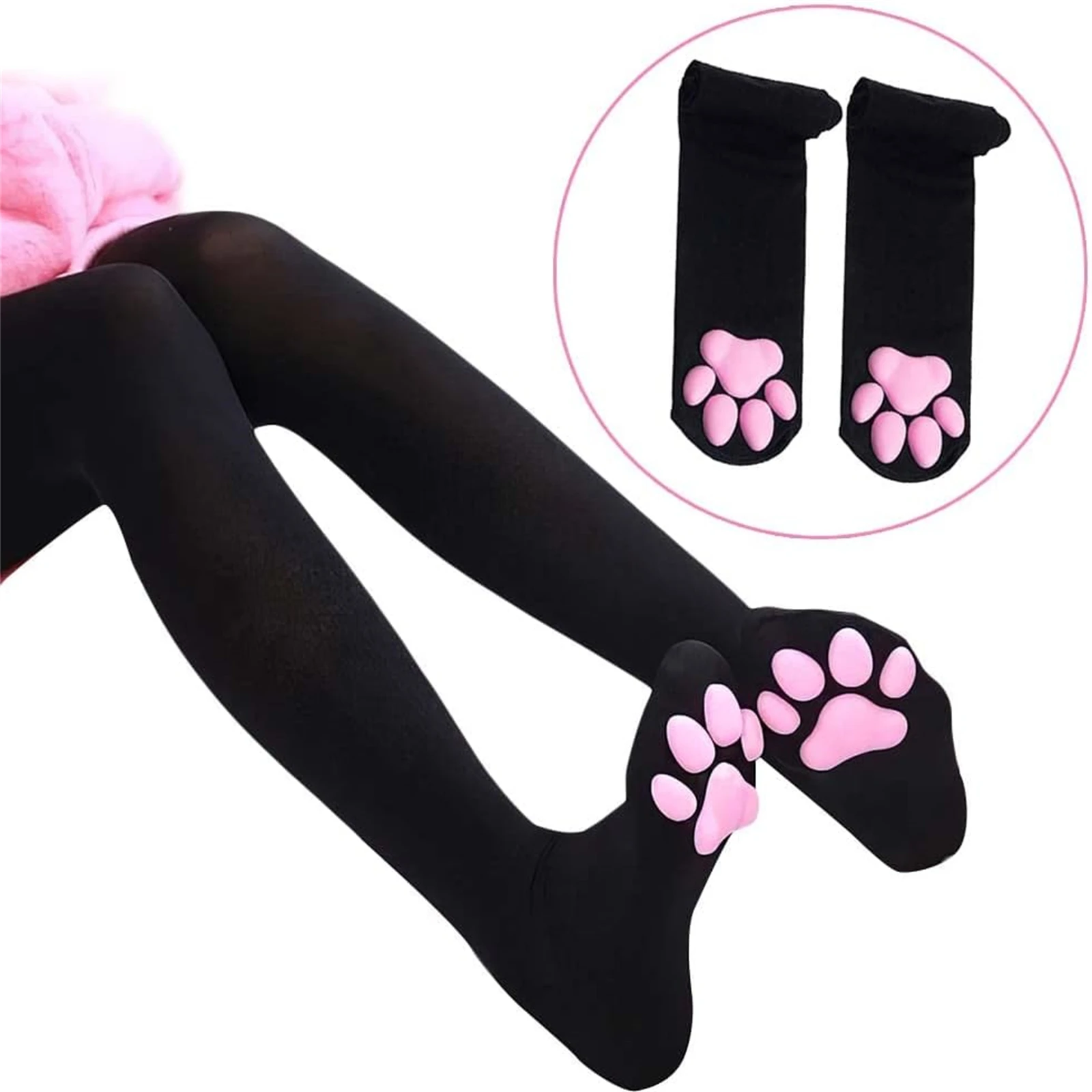 1 Pair 3D Cat Paw Pad Knee High Socks, For Girls - Image 3